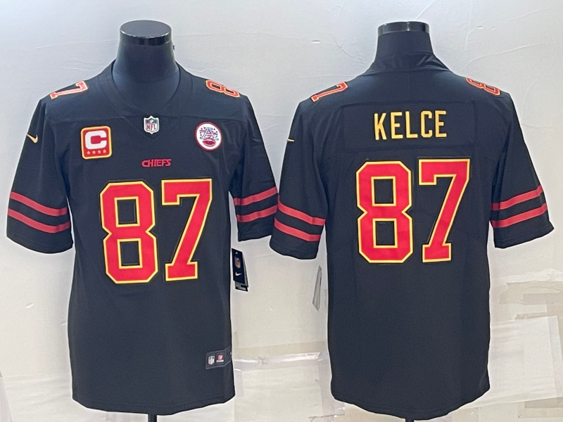 Men??s Kansas City Chiefs #87 Travis Kelce Black Red Gold 4-star C Patch Vapor Untouchable Limited Stitched Jersey